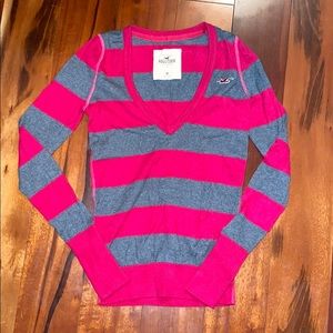 Hollister Pink and Grey Striped Long Sleeve